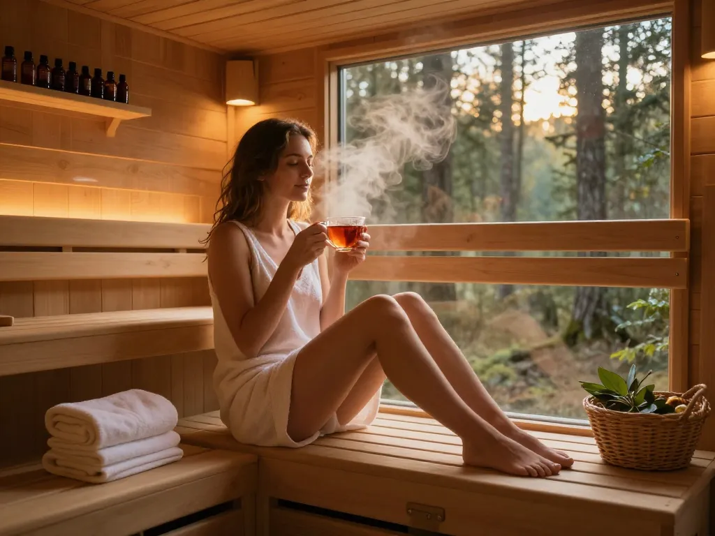 Experience sauna customization with a relaxing home sauna scene featuring natural elements and warm ambiance.
