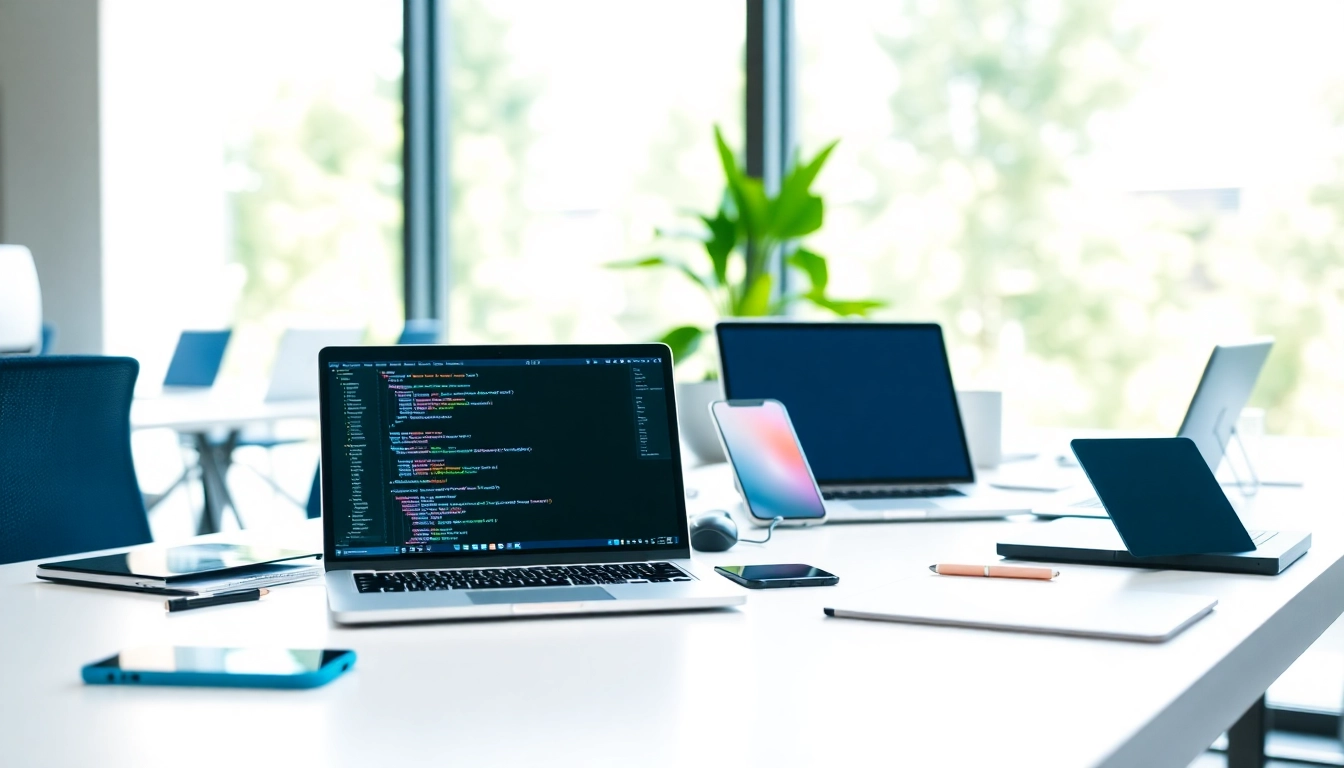 Technology workspace showcasing modern gadgets in a dynamic office environment.