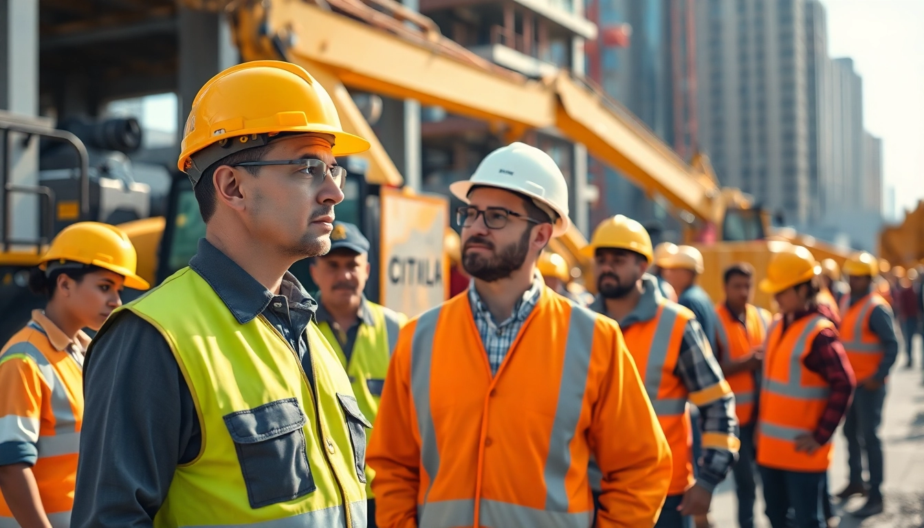 Ensure construction labor compliance at a vibrant construction site with diverse workers collaborating.