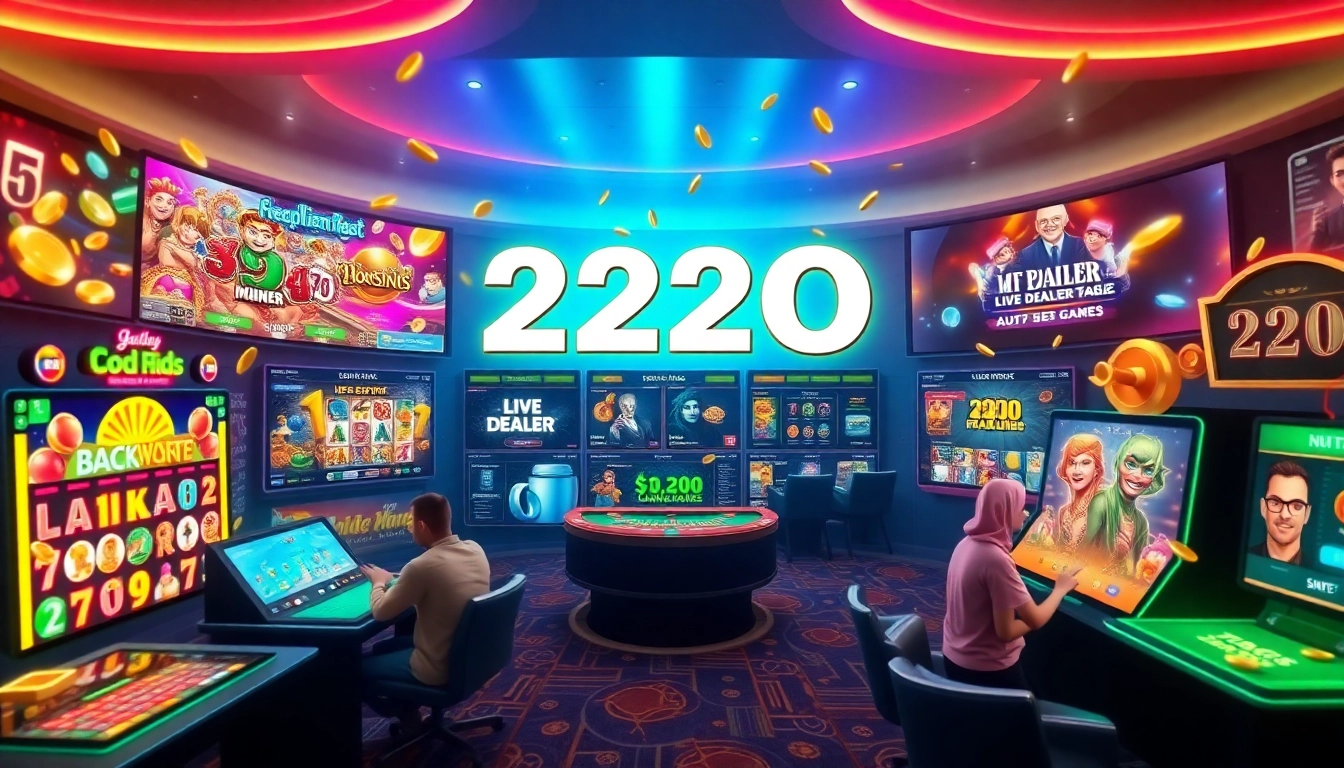 Engaging interface of 222O showcasing vibrant slots and live dealers in an exciting gaming environment.