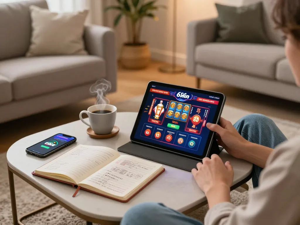 Engaging in online casino gaming on 68win platform in a cozy home setting.