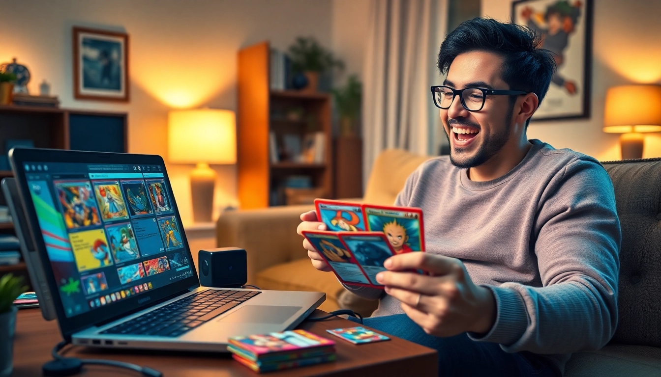 居心地の良いゲーム環境で希少カードを展示するオンラインオリパの興奮シーン。トレーディングカードゲームの醍醐味を強調。