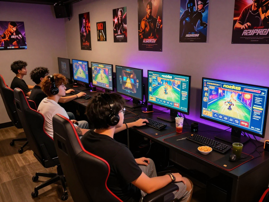 Exciting group gaming scene featuring rokok88 slot game on multiple screens, colorful LED lights, and snacks.