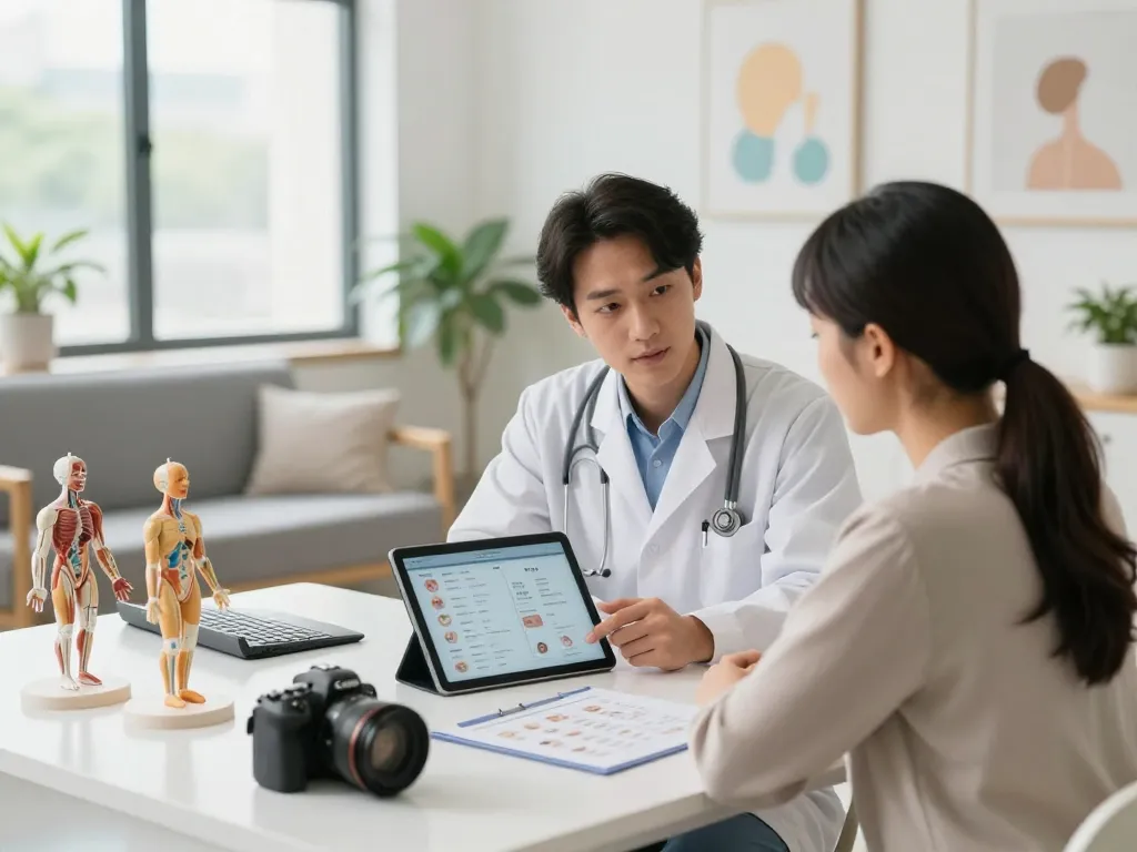 現代のクリニックでの医療専門家と患者の対話を強調するABCクリニックの口コミレビューに関する詳細な相談シーン。