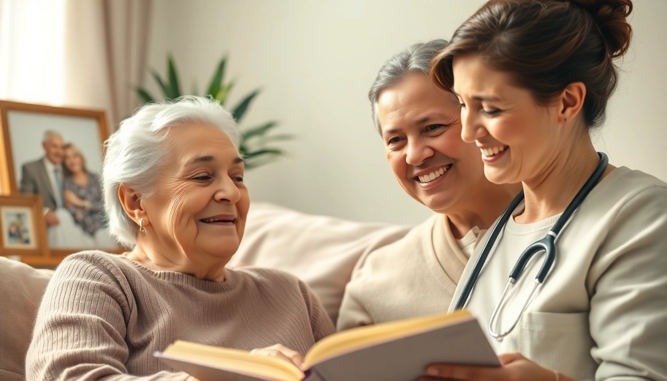 Engaging scene of in home care near me with caregiver assisting an elderly person in a cozy living room.