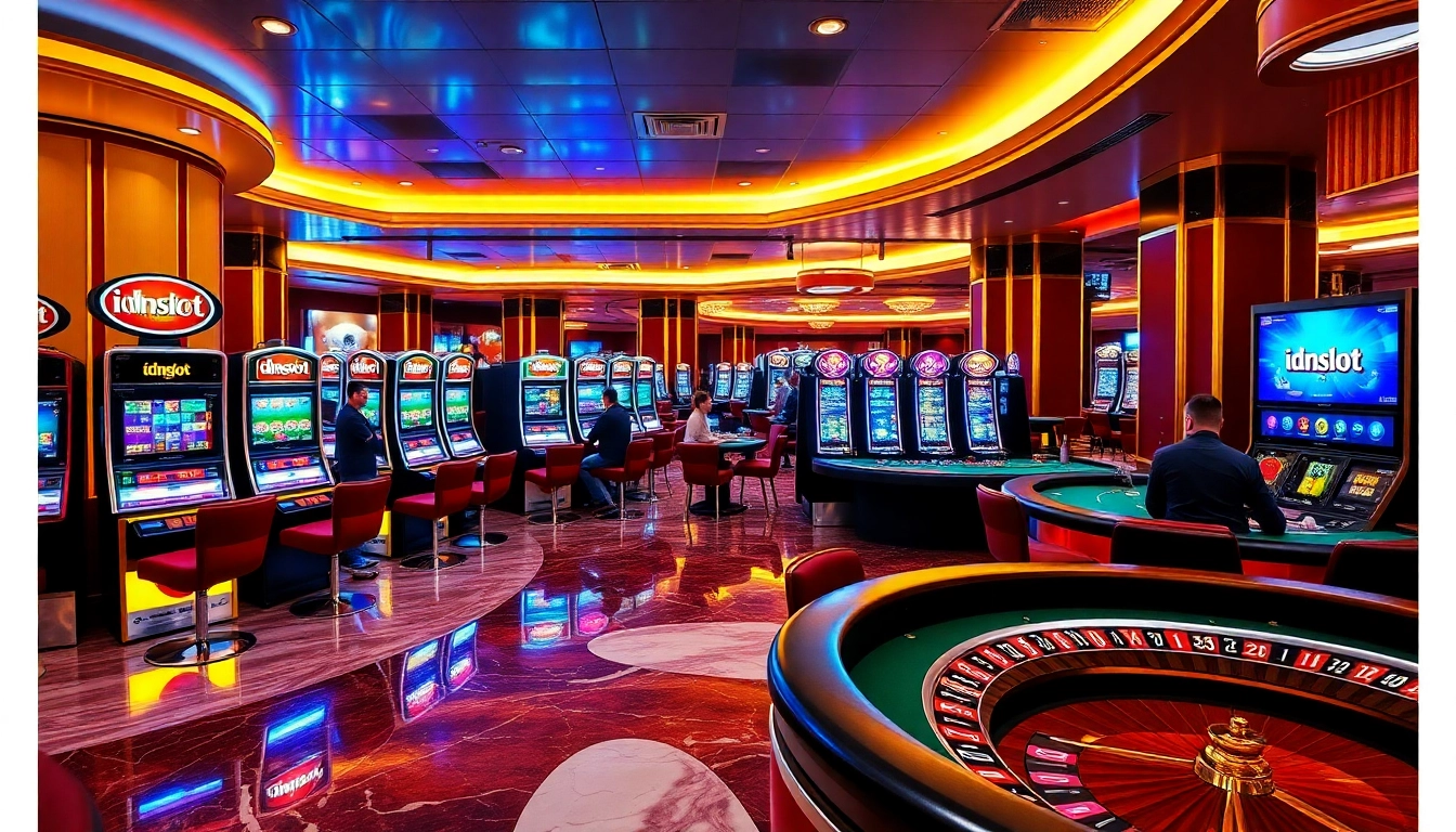 Excited players enjoy idnslot games in a luxurious casino setting with vibrant gaming tables.
