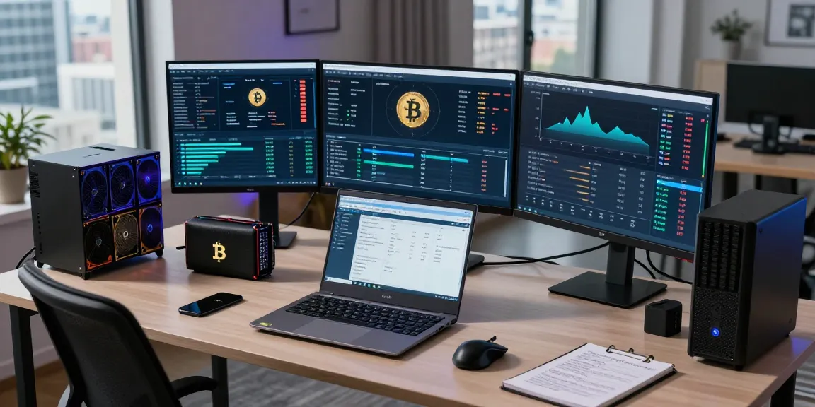 Bitcoin mining company professional setup with cryptocurrency dashboard and analytical tools for secure mining operations.