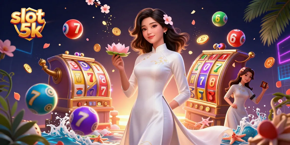 Engage with the excitement of slot 5k games alongside a graceful Asian woman in a vibrant casino visual.