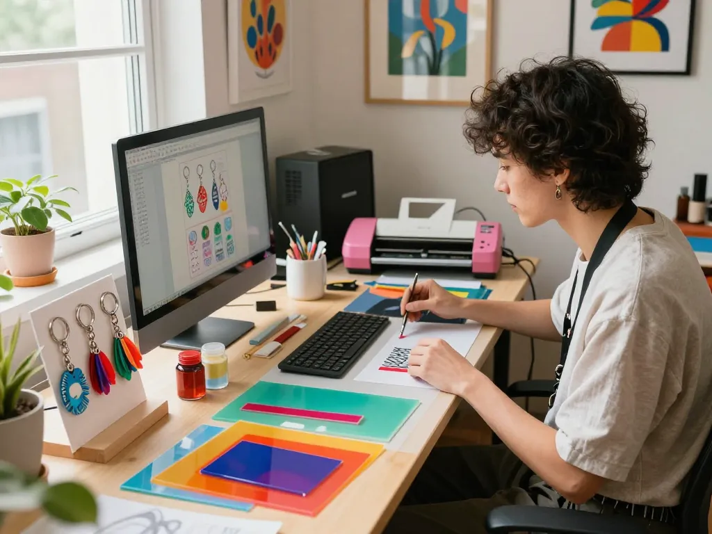 Creative workspace where custom keychains are designed with colorful materials and samples showcased.