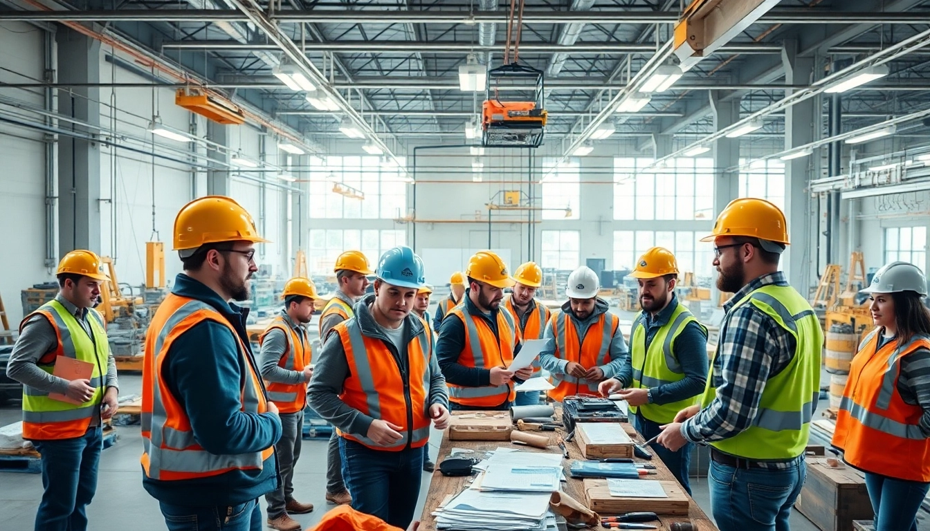 Construction training session with professionals engaged in hands-on activities, emphasizing skill development.