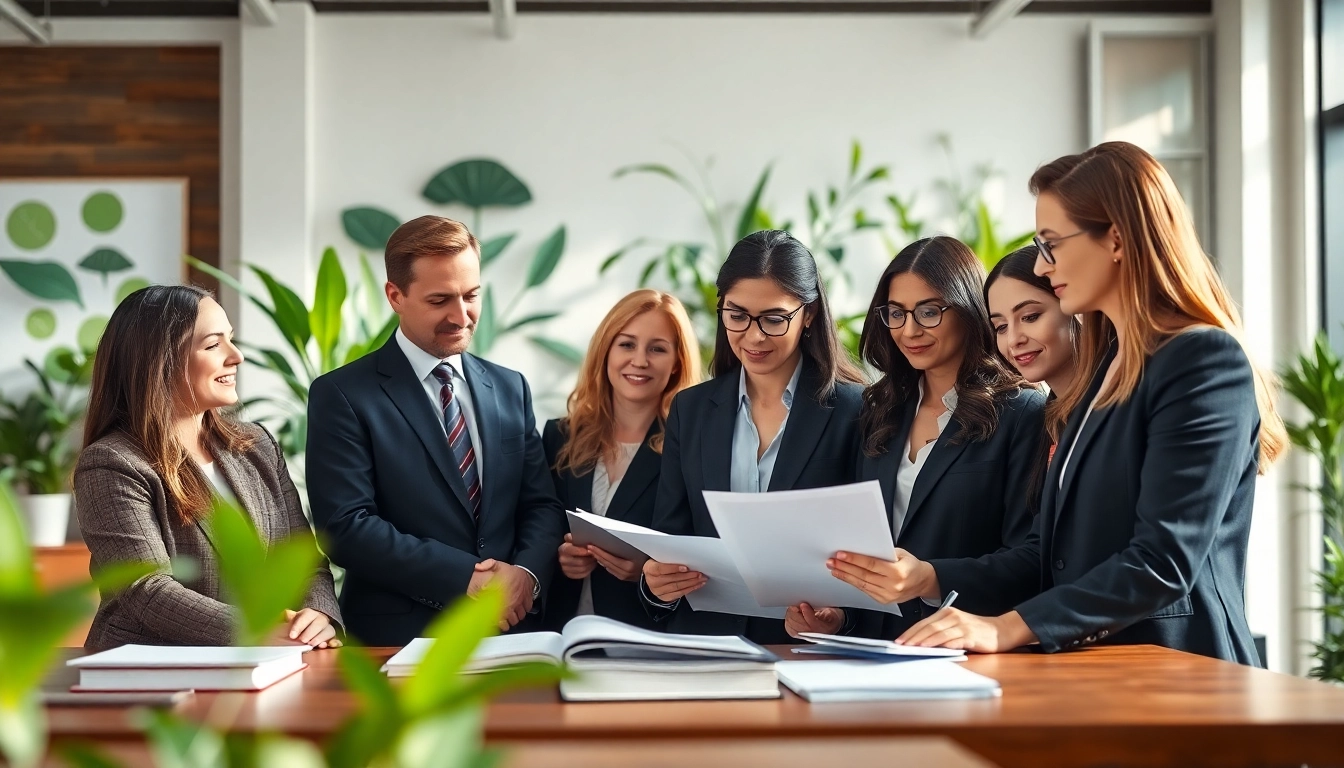 Lawyers at environmental law firm collaborating in a modern office space, emphasizing teamwork.