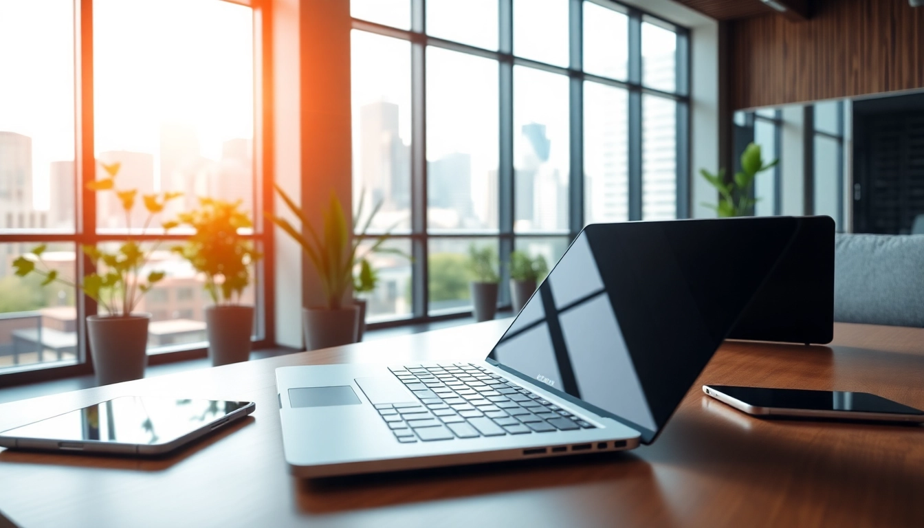 Showcasing technology with modern devices in a bright office setting.
