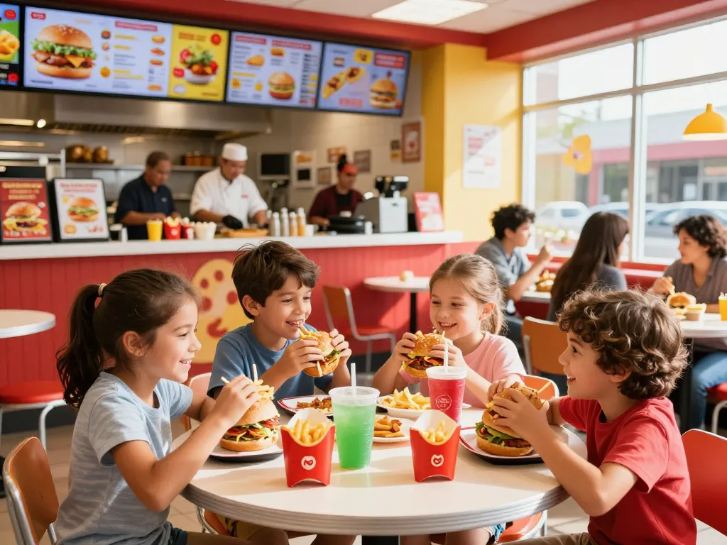 Families enjoying a fast food menu meal at a lively restaurant.