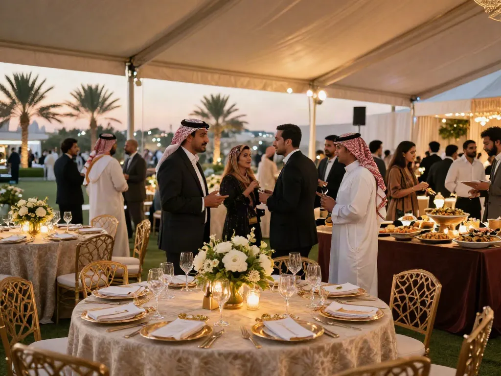 Event rental KSA setup for an elegant outdoor gala in Saudi Arabia with luxury decor and networking.