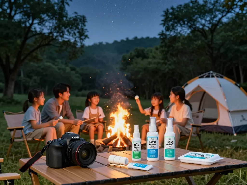 Family enjoying camping while using Best Mosquito Repellent products around a campfire.