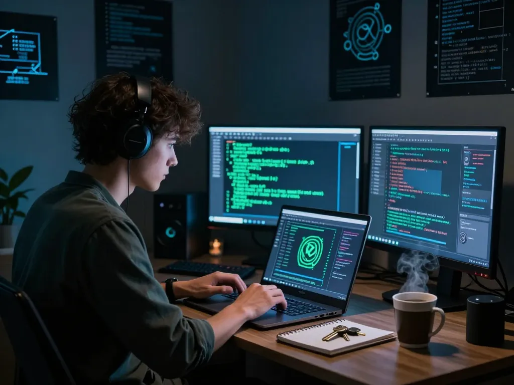 Person exploring the hidden wiki link on a laptop amidst glowing screens and cryptographic decor, capturing dark web exploration.