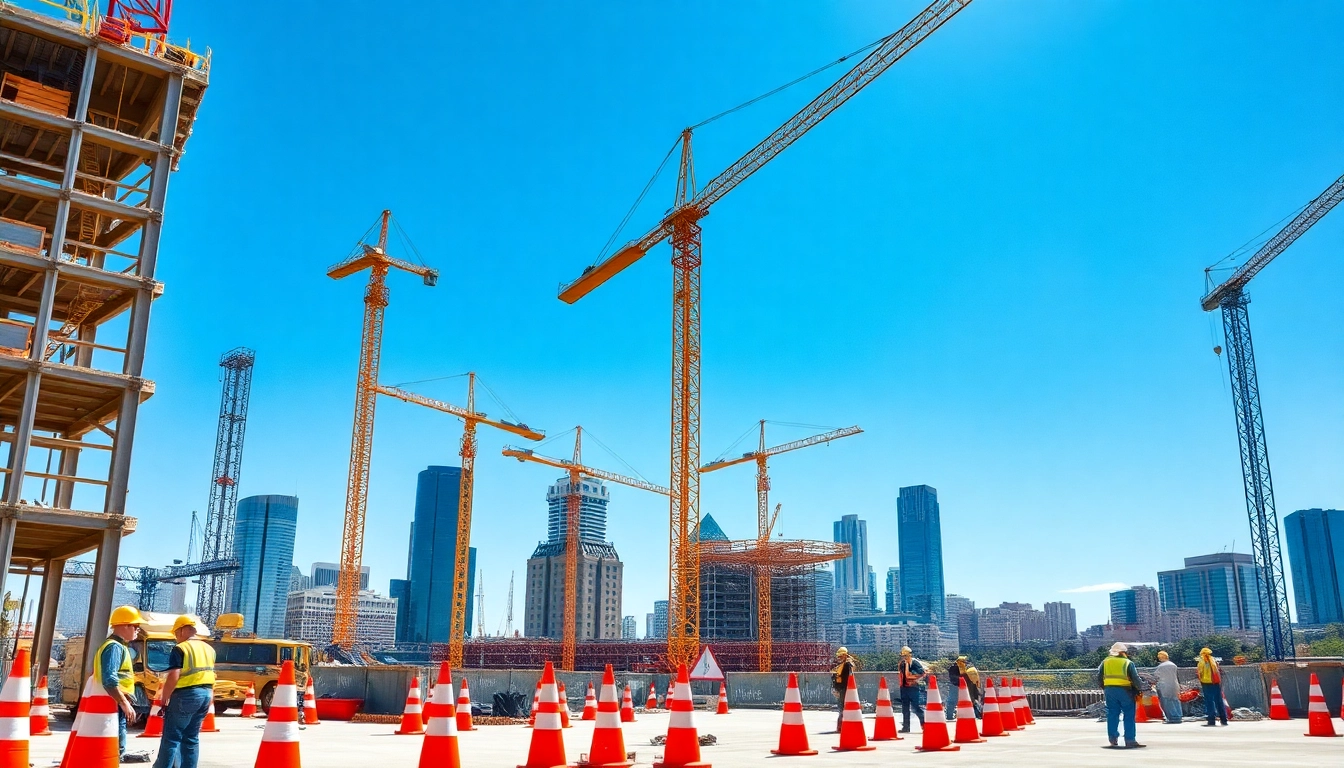 Austin construction site bustling with activity, featuring cranes and construction workers collaborating.
