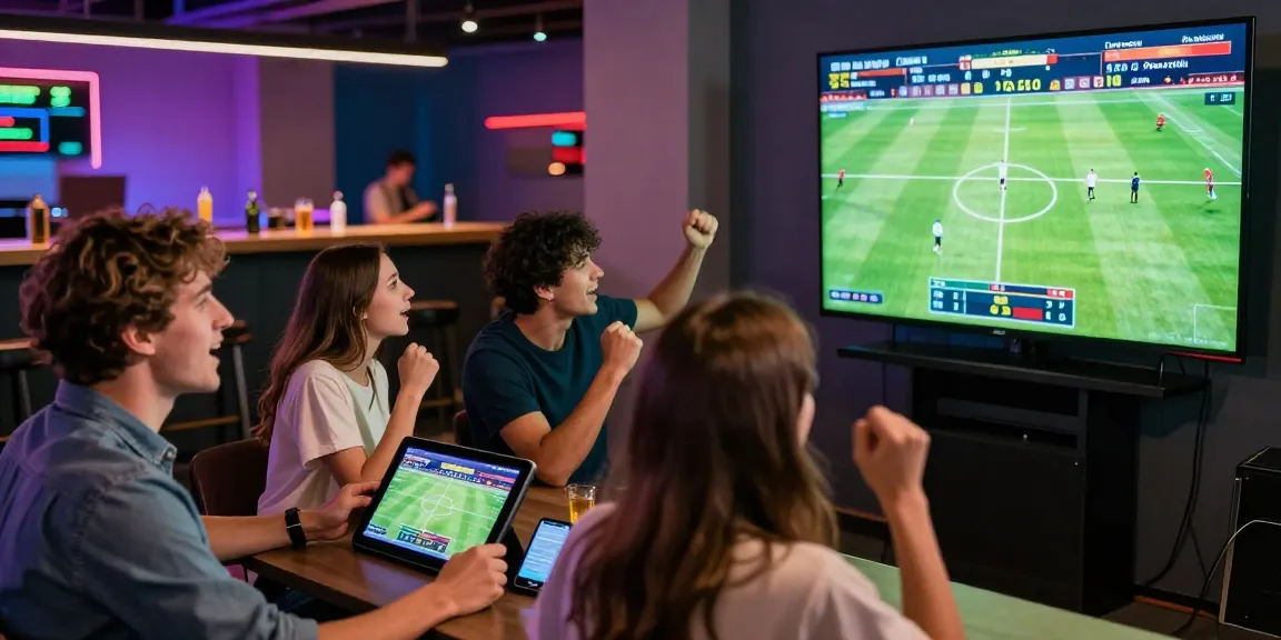 Friends enjoying the thrill of shbet online betting in a vibrant sports lounge atmosphere.