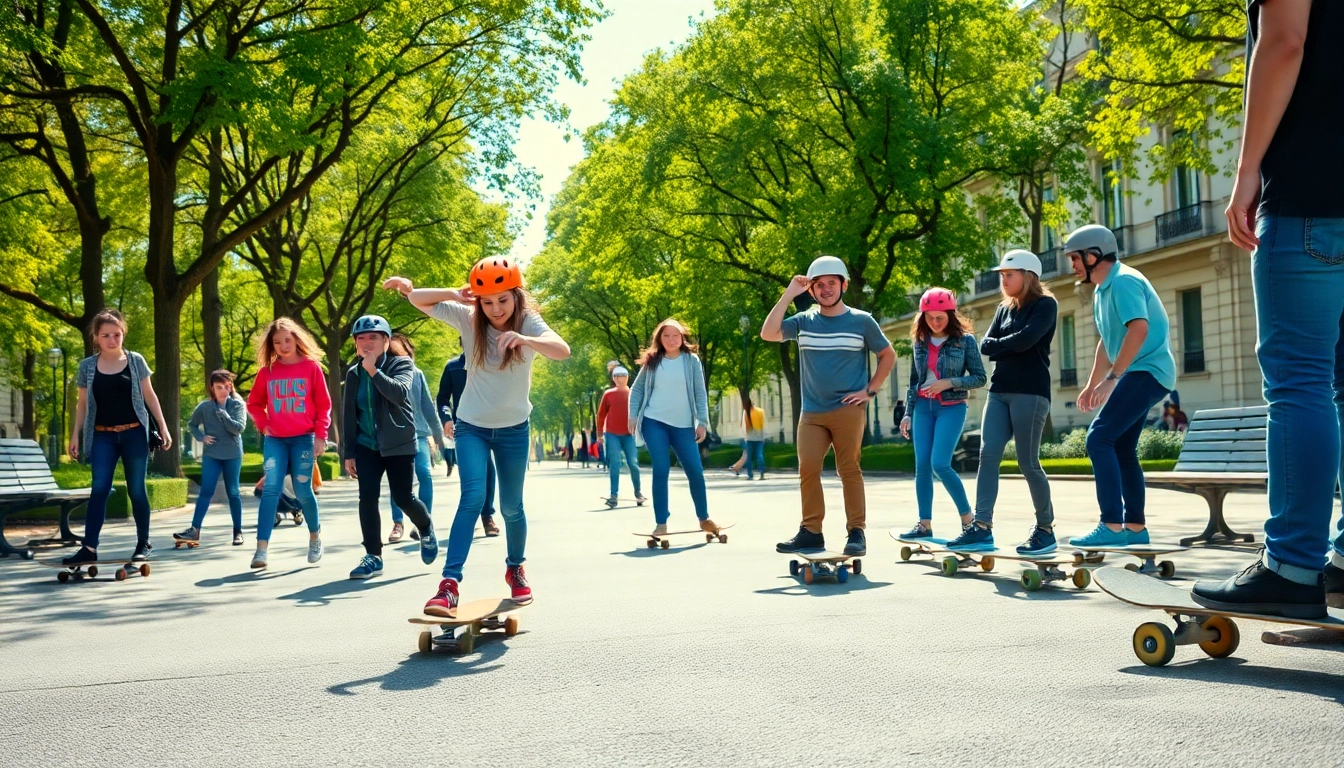 Participants enjoying skateboard classes in Paris while learning from a skilled instructor.
