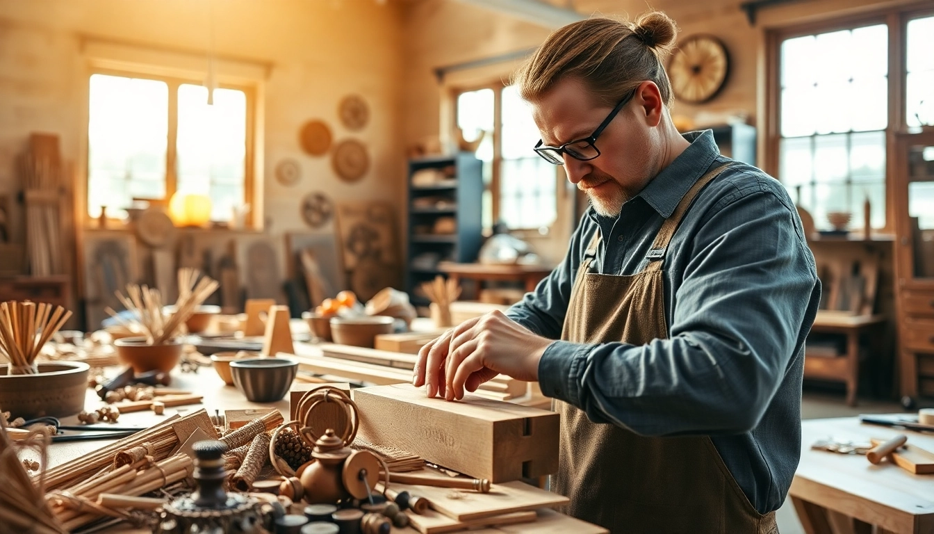 Engaging craft training programs with artisans showcasing tools in a vibrant workshop atmosphere.