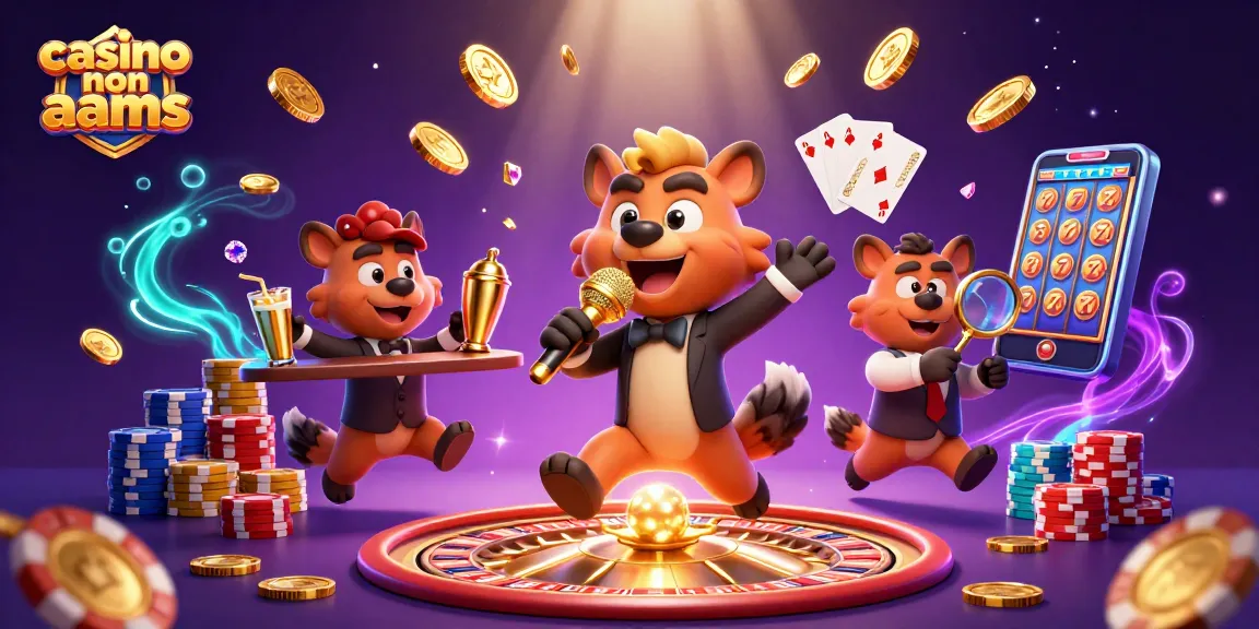 Divertiti nei casinò non AAMS con un'illustrazione di un club comico che include animali e giochi d'azzardo.