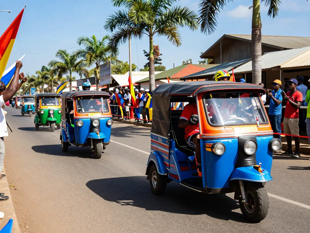 Tuk tuk racing Kenya with vibrant drivers and cheering crowd on a sunny street, showcasing thrilling outdoor competition