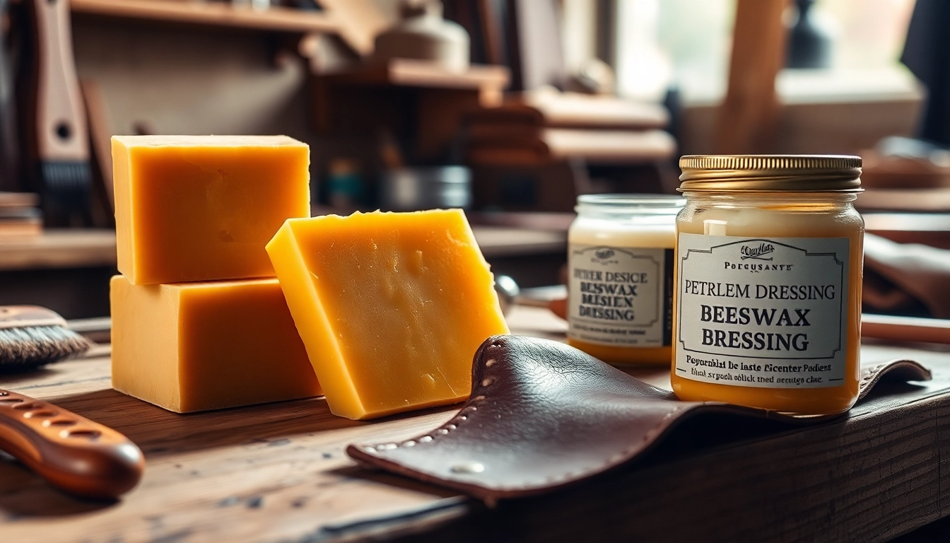 Explore the differences between Beeswax vs. Petroleum-based leather dressings on a wooden workbench.