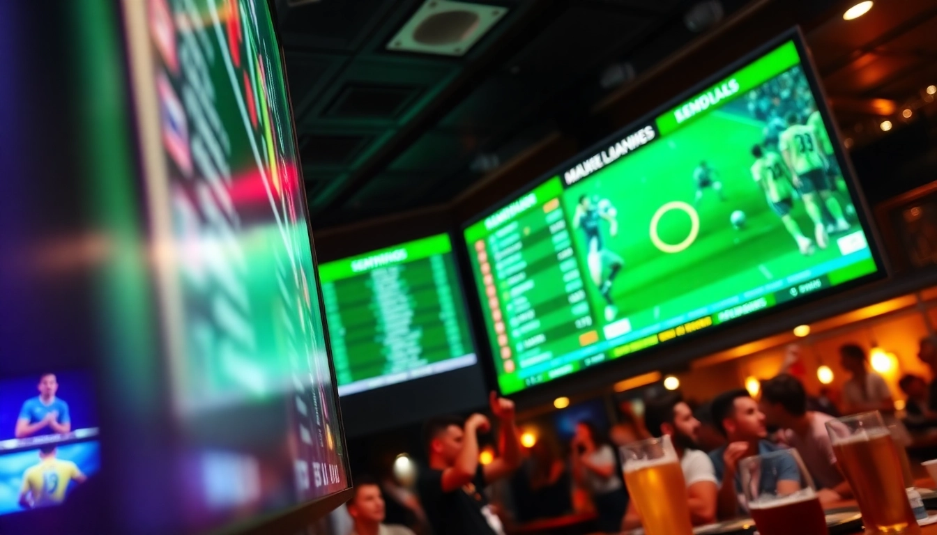 Dynamic scoreboard showcasing ตารางพรีเมียร์ลีก in a lively sports bar filled with cheering fans.