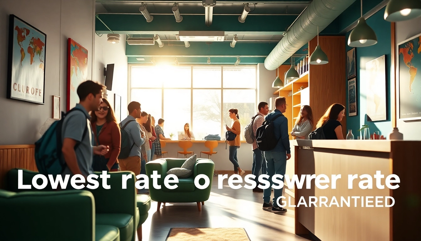 Find the Lowest rate guaranteed for hostels with friendly travelers at a vibrant reception.