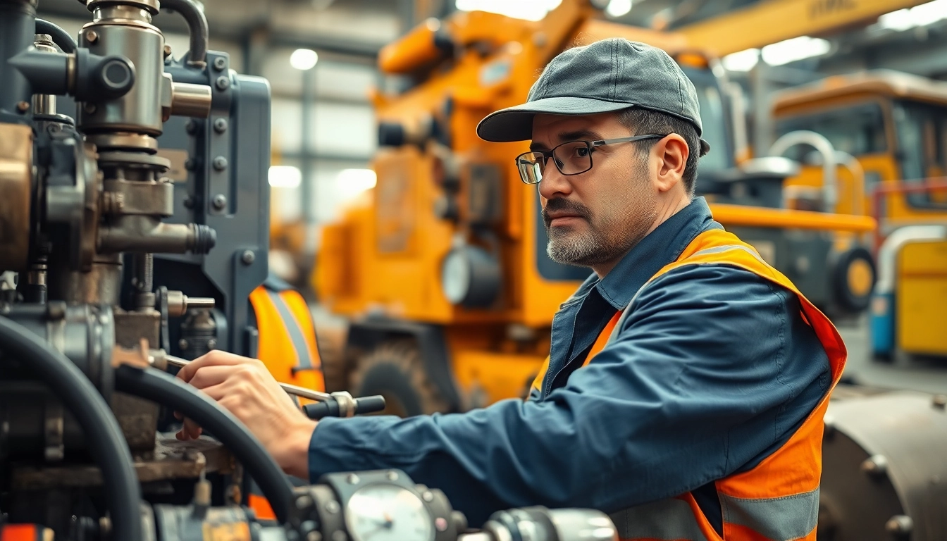 Technician performing on-site hydraulic repair with essential tools in an industrial setting.