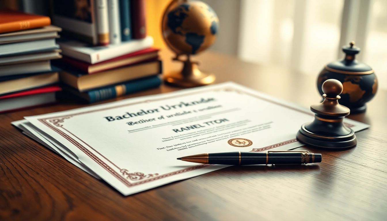 A well-designed bachelor urkunde certificate displayed on a wooden desk with academic elements.