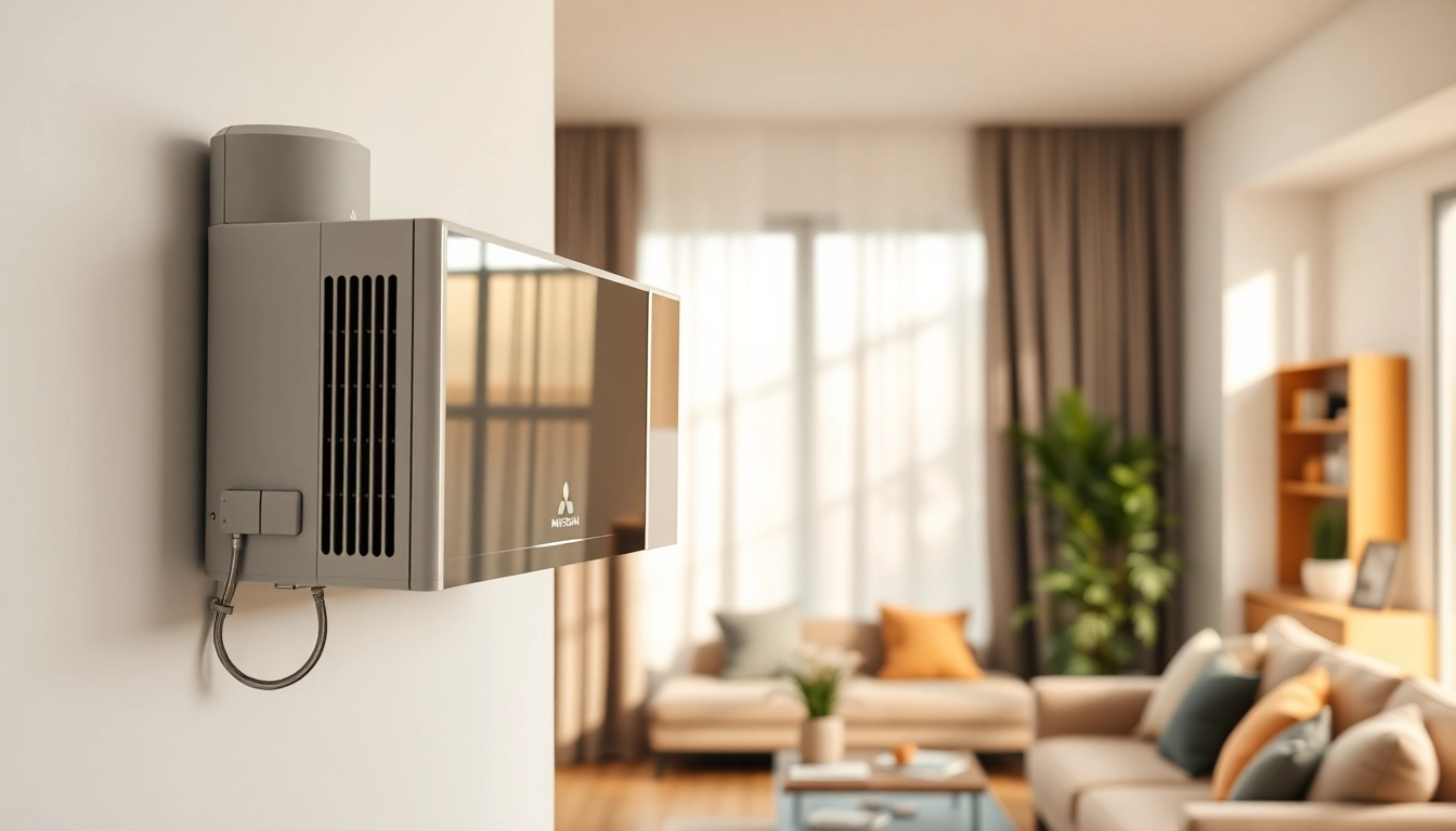 Install a mitsubishi mini split ac showcasing its sleek design in a modern living room atmosphere.