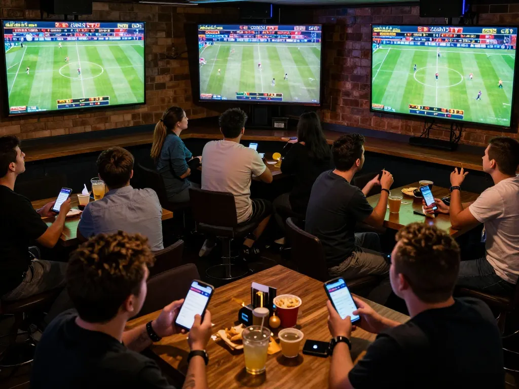 CakhiaTV sports betting enthusiasts engaged with live games in a lively sports bar atmosphere.