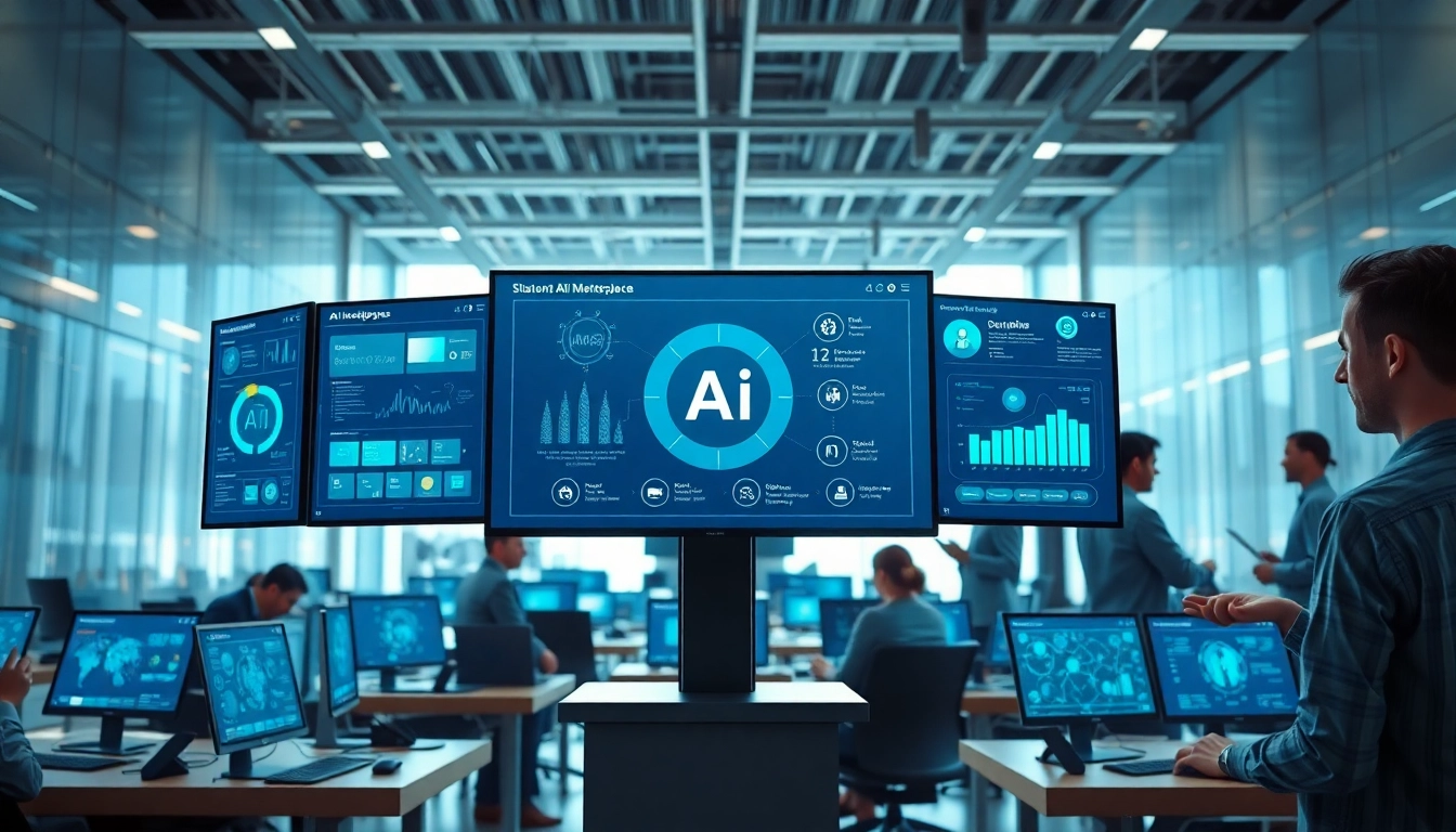 Showcase of an ai tool marketplace with a modern digital interface and collaborative environment.