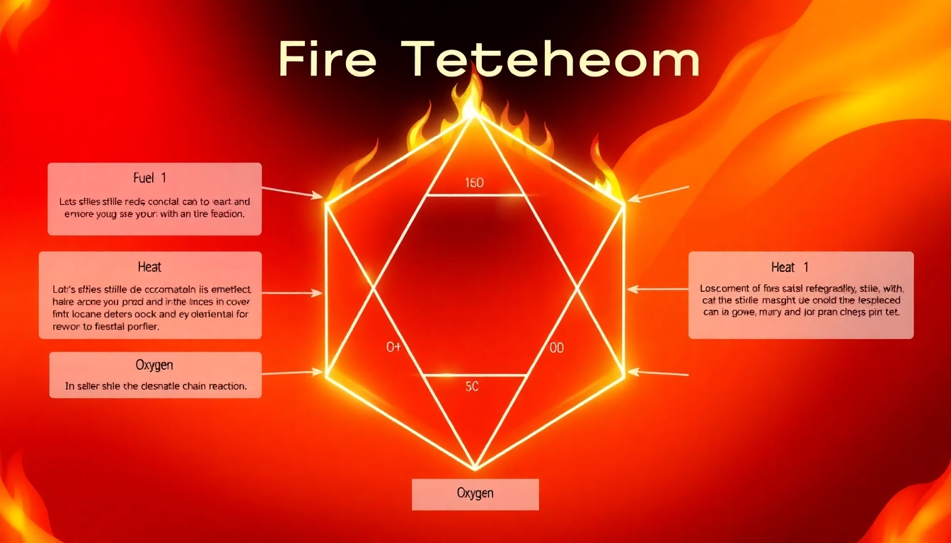 Illustration of fire tetrahedron components highlighting fuel, heat, oxygen, and chemical reaction.
