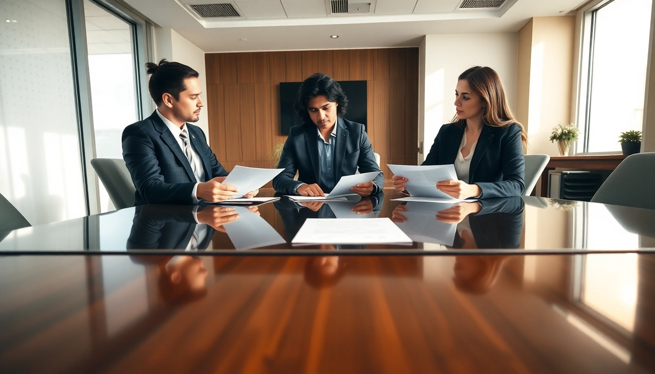 Miami divorce lawyers discussing strategies in a professional office setting.