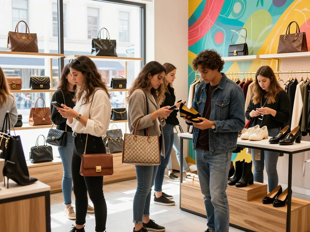 Customers engaging with high-quality 레플리카 사이트 products in a trendy urban boutique.