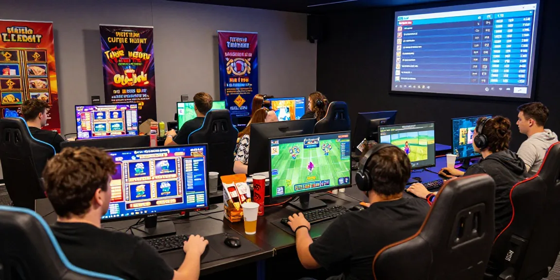 Engaged players at gaming tournament showcasing diverse online games at https://rokok88.com with vibrant visuals.