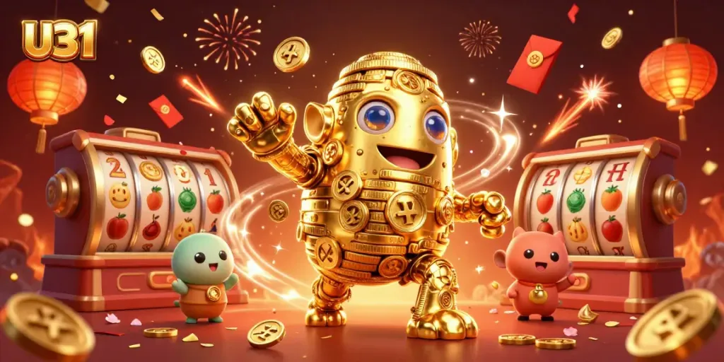 Join the excitement at U31 with a vibrant illustration of a golden golem surrounded by lively casino elements.