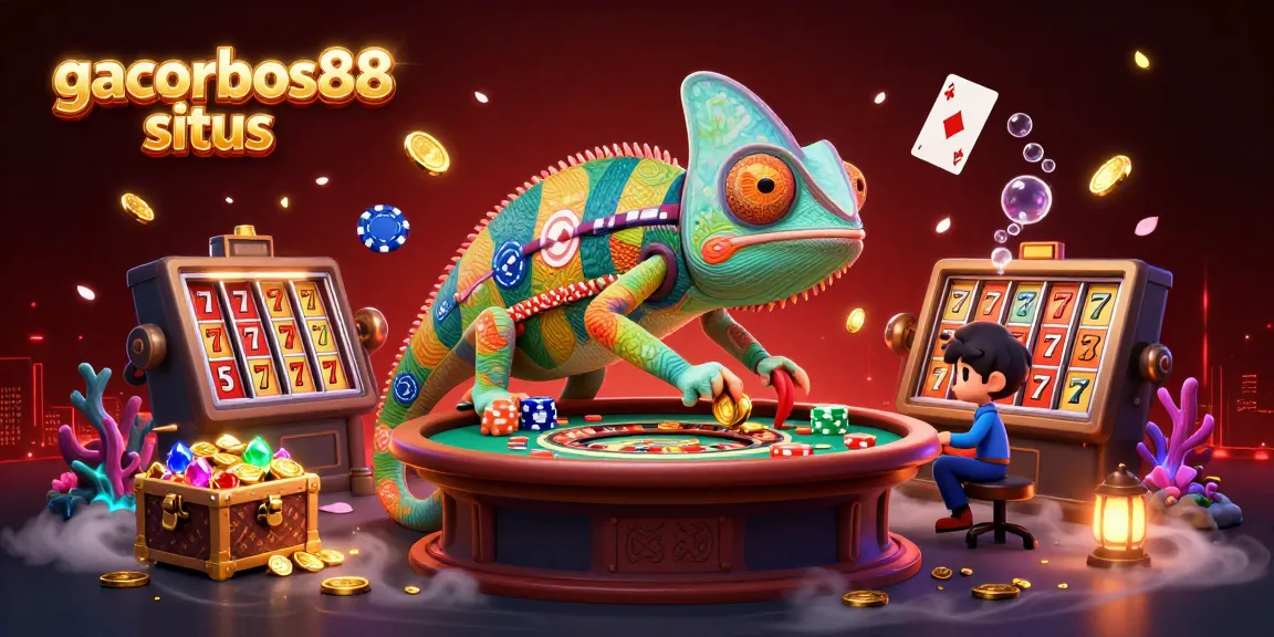 Engage with gacorbos88 situs through this vibrant 3D illustration featuring a chameleon casino owner and dynamic gaming elements.