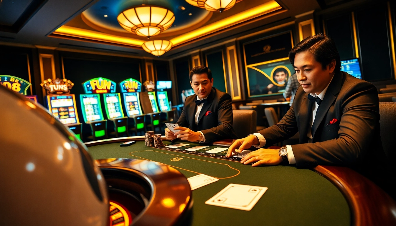 Engage in action at Fun 88 poker table amidst vibrant casino ambiance.