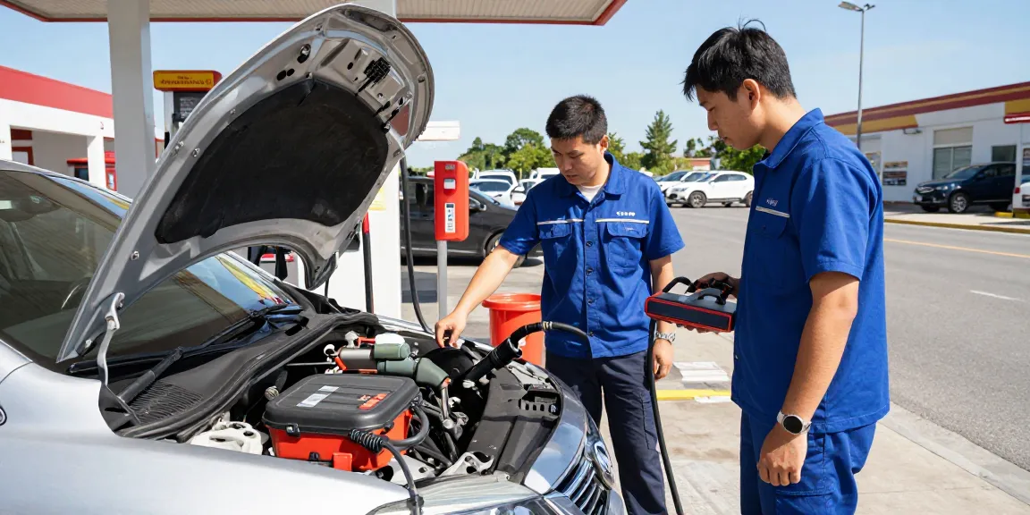 Technician addressing diesel in petrol car issue at a fuel station with tools and customer interaction.