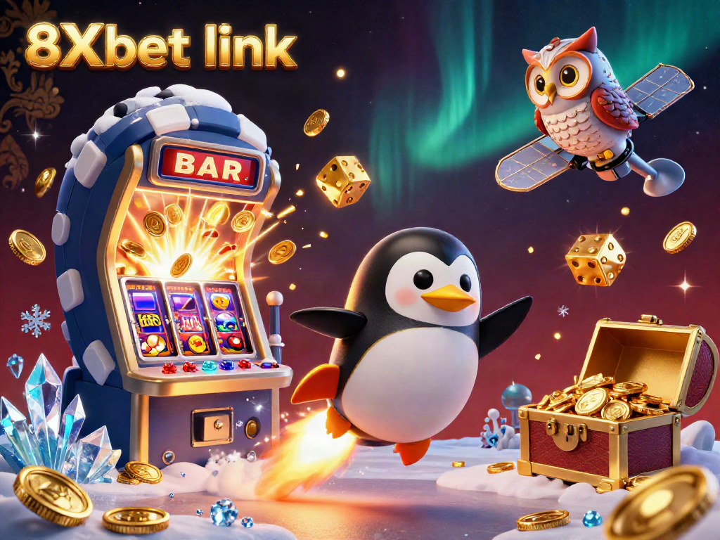 Experience thrilling action with 8Xbet link as a golden penguin launches into space, surrounded by vibrant casino elements.