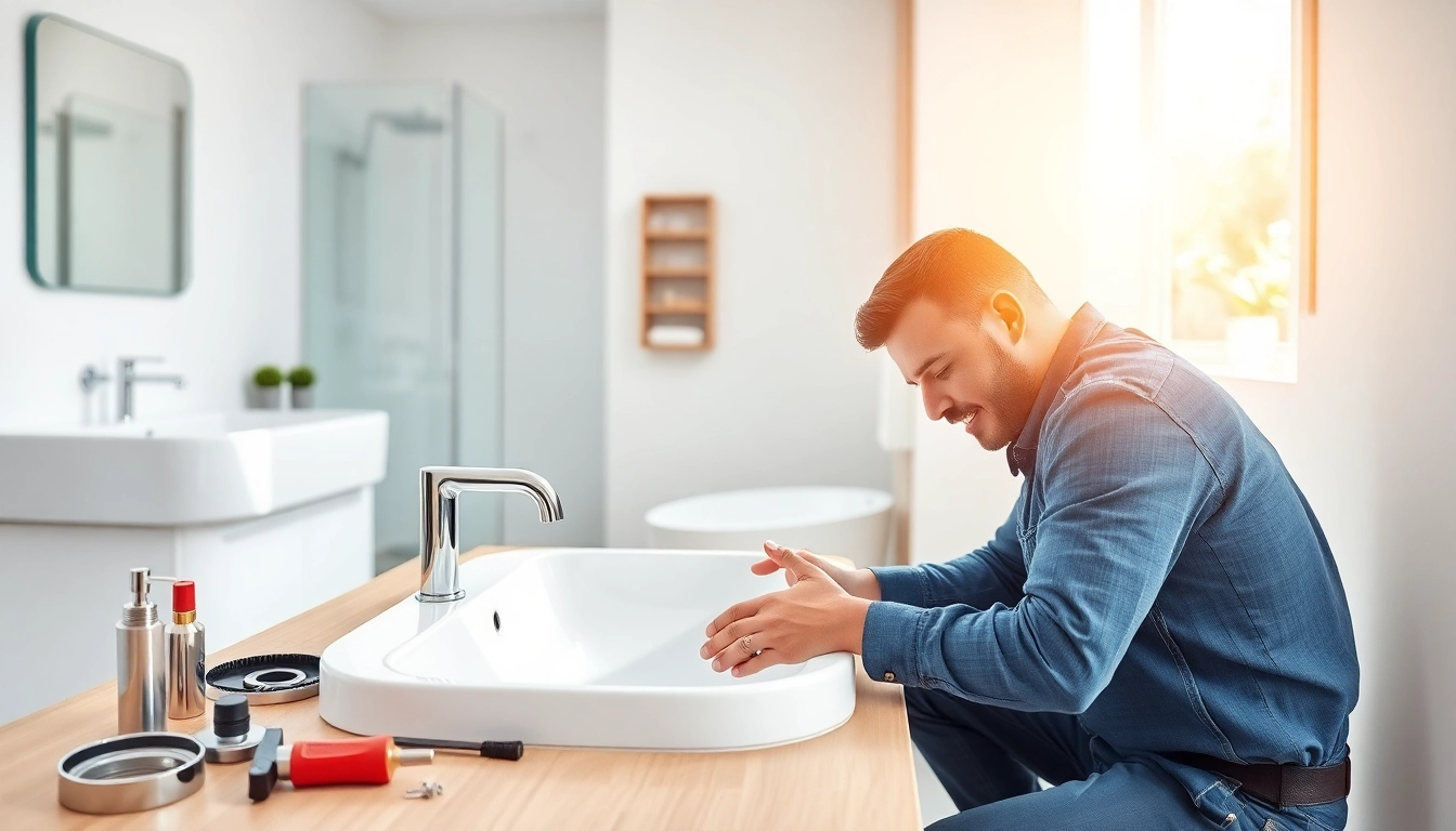 Trusted Bristol plumber repairing a modern sink in a stylish bathroom setting.