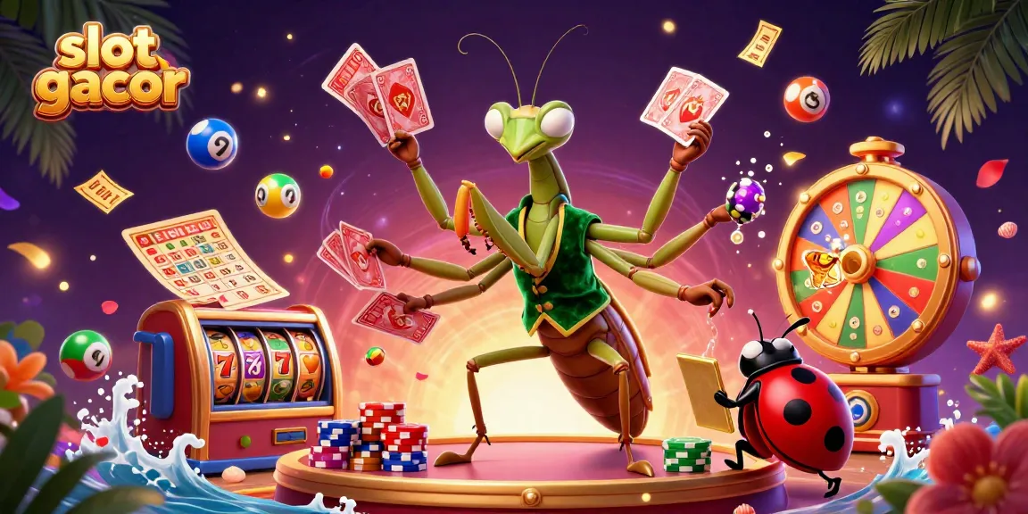 Experience slot gacor thrills with a dynamic scene of a mantis card sharp and colorful gaming elements.