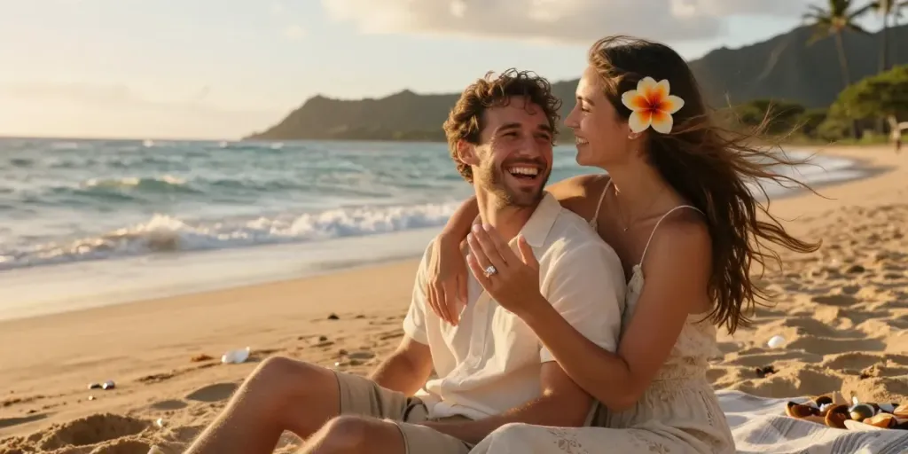 Honolulu engagement photographers capturing a couple's joyful embrace on the beach during sunset.