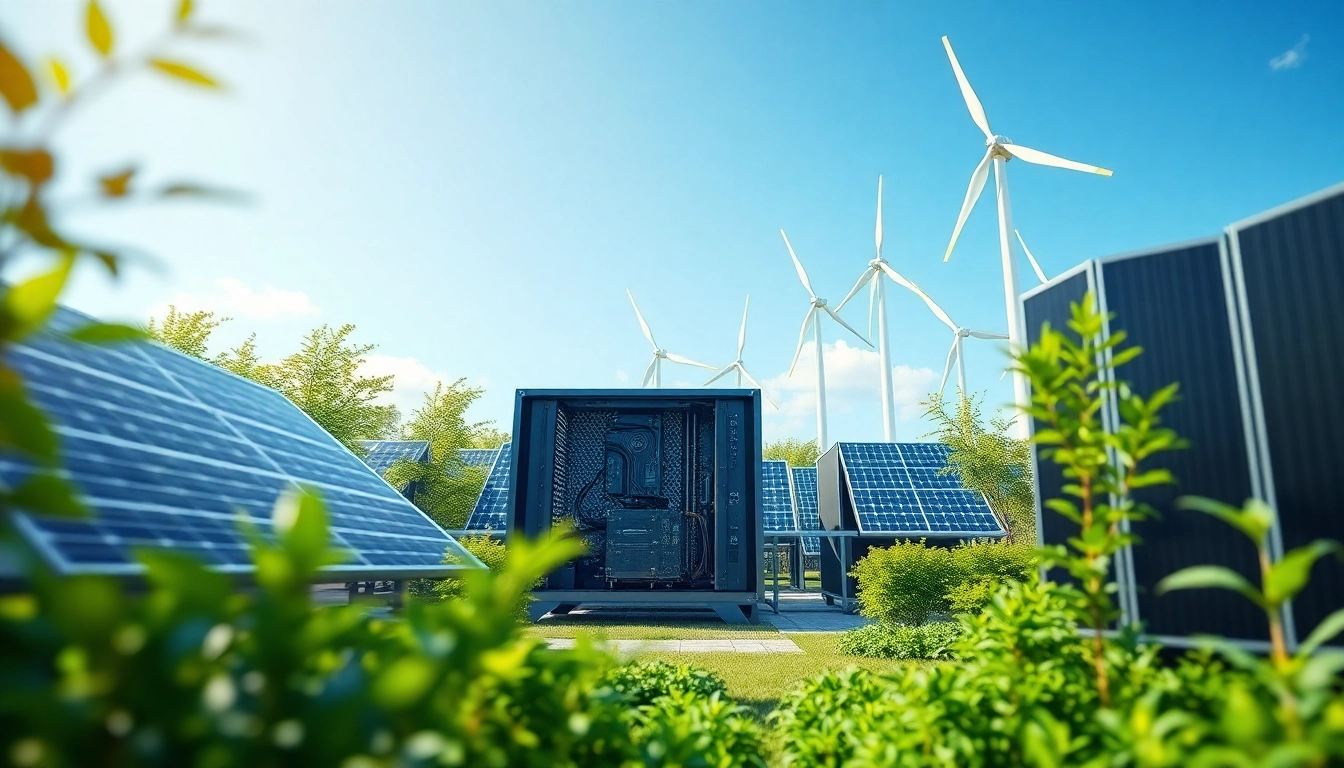 A cutting-edge crypto mining app showcased in a renewable energy environment featuring solar panels and wind turbines.