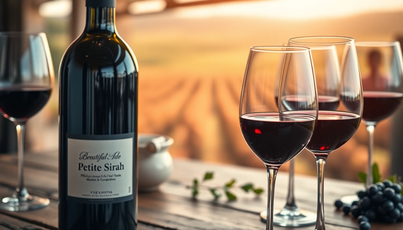 Enjoying a glass of petite sirah wine in an elegant vineyard setting with warm lighting.