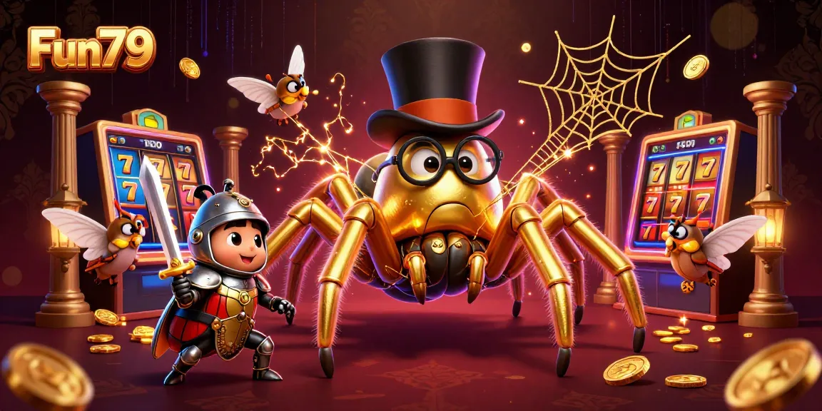 Experience thrilling moments at Fun79 with a brave beetle knight facing a golden tarantula in an energetic casino scene.