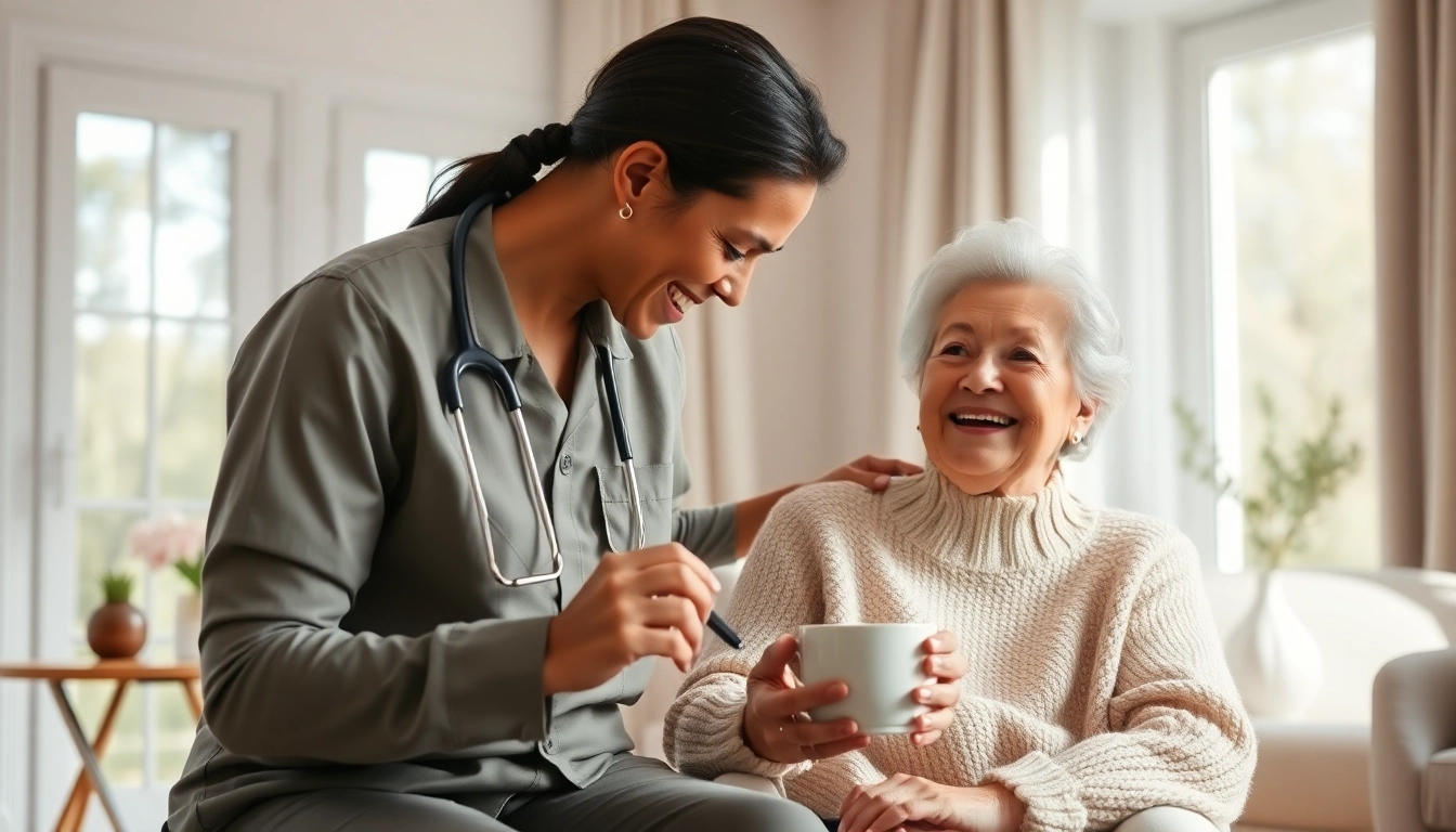 Engaging senior care austin tx scene with a caregiver and elderly person in a cozy living room.